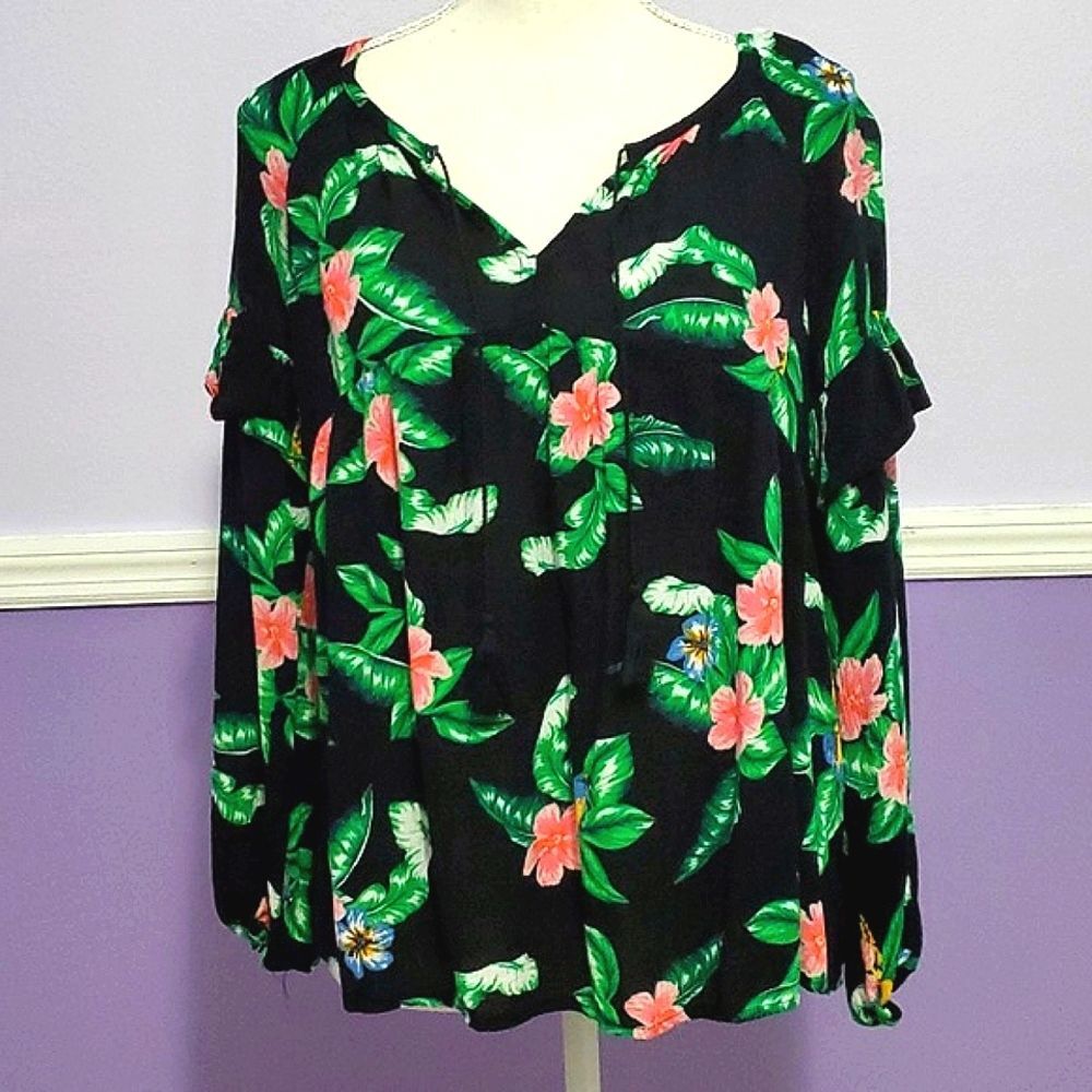 Old Navy Navy Hibiscus Tropical Print Baloon Sleeves Flowy Peasant Top S